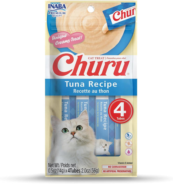 INABA Churu Cat Treats, Creamy Lickable Purée Cat Treat with Vitamin E, 0.5 Ounces Each Tube, 4 Tubes, Tuna Recipe1