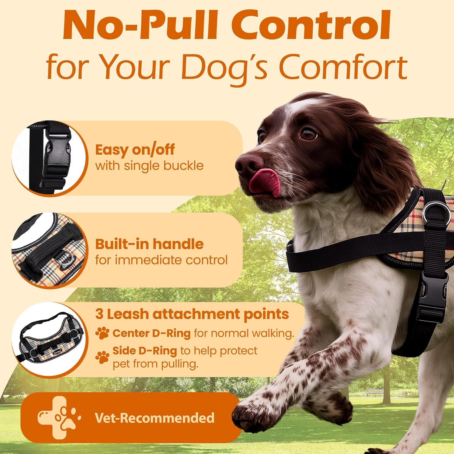 bark-appeal-tan-plaid-no-pull-dog-harness-for-extra-small-to-small-sized-pets-adjustable-reflective-vest-with-3-leash-clips-for-added-control-easy-walks-training-small