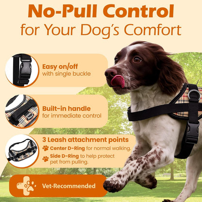 Bark Appeal Tan Plaid No-Pull Dog Harness for Extra Small to Small Sized Pets – Adjustable, Reflective Vest with 3 Leash Clips for Added Control, Easy Walks & Training – Small2
