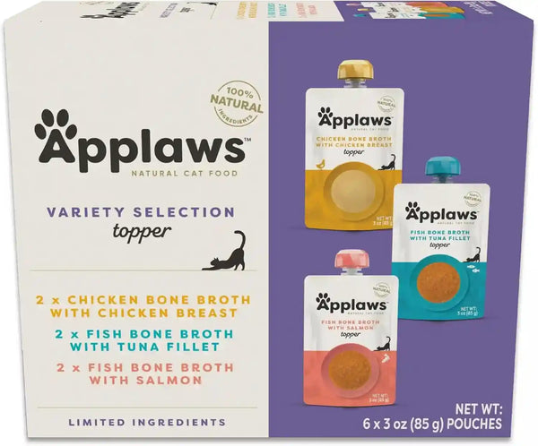 Applaws Fish & Chicken Variety Bone Broth Cat Food Topper 6-Pack 3Oz Pouch | 100% Natural, High Quality Ingredients, High Protein, No Artificial Additives, Limited Ingredients1