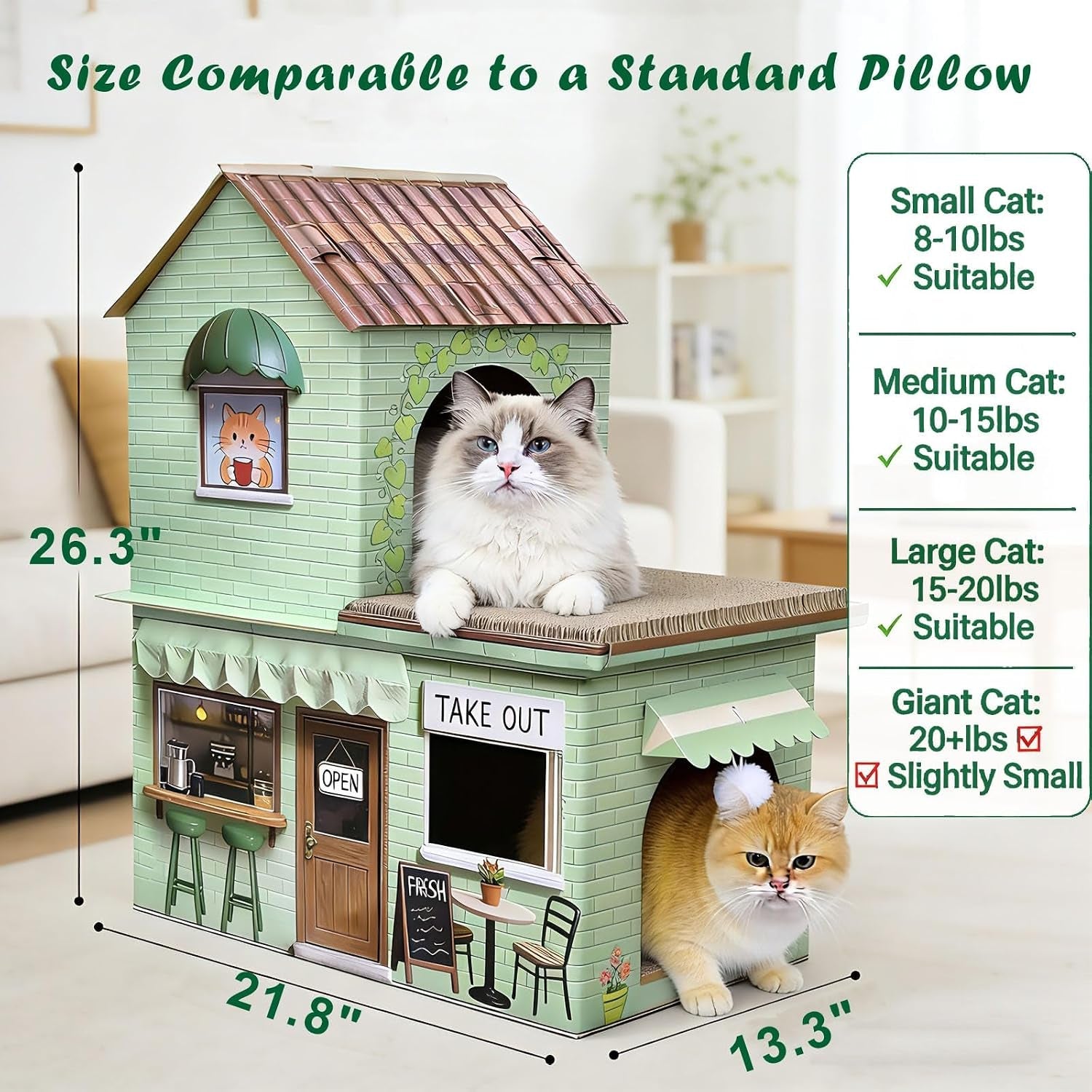 cardboard-cat-scratcher-house-double-layer-coffee-shop-design-sage-green-5-layer-corrugated-window-cutouts-4-scratching-boards-plush-ball-catnip-indoor-multi-cat-house-for-cats-up-to-20-lbs