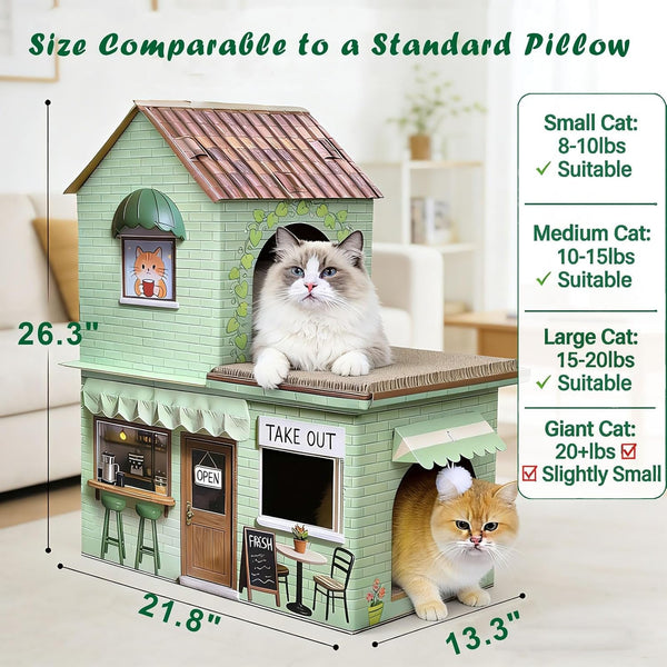 Cardboard Cat Scratcher House, Double Layer Coffee Shop Design, Sage Green, 5-Layer Corrugated, Window Cutouts, 4 Scratching Boards, Plush Ball & Catnip, Indoor Multi Cat House for Cats up to 20 Lbs4