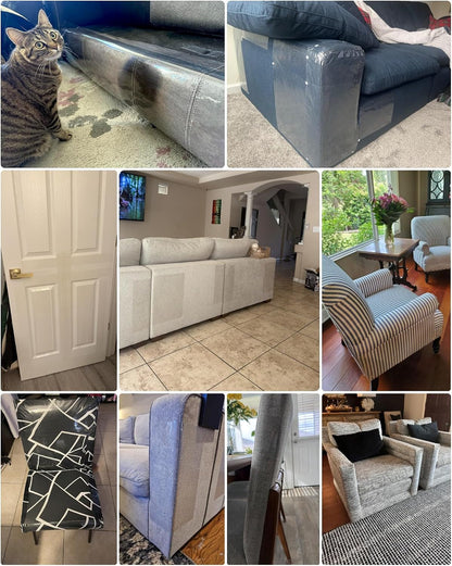 Cat Scratch Furniture Protector Couch - 1 Roll Clear PET 7.9 X 196.8 Inch | Protects Couch from Cat Claws, Strong Adhesion, Grid Backing, 1 Scraper, 30 Twist Pins, for Sofa, Armchair, Door, Wall, Bed9