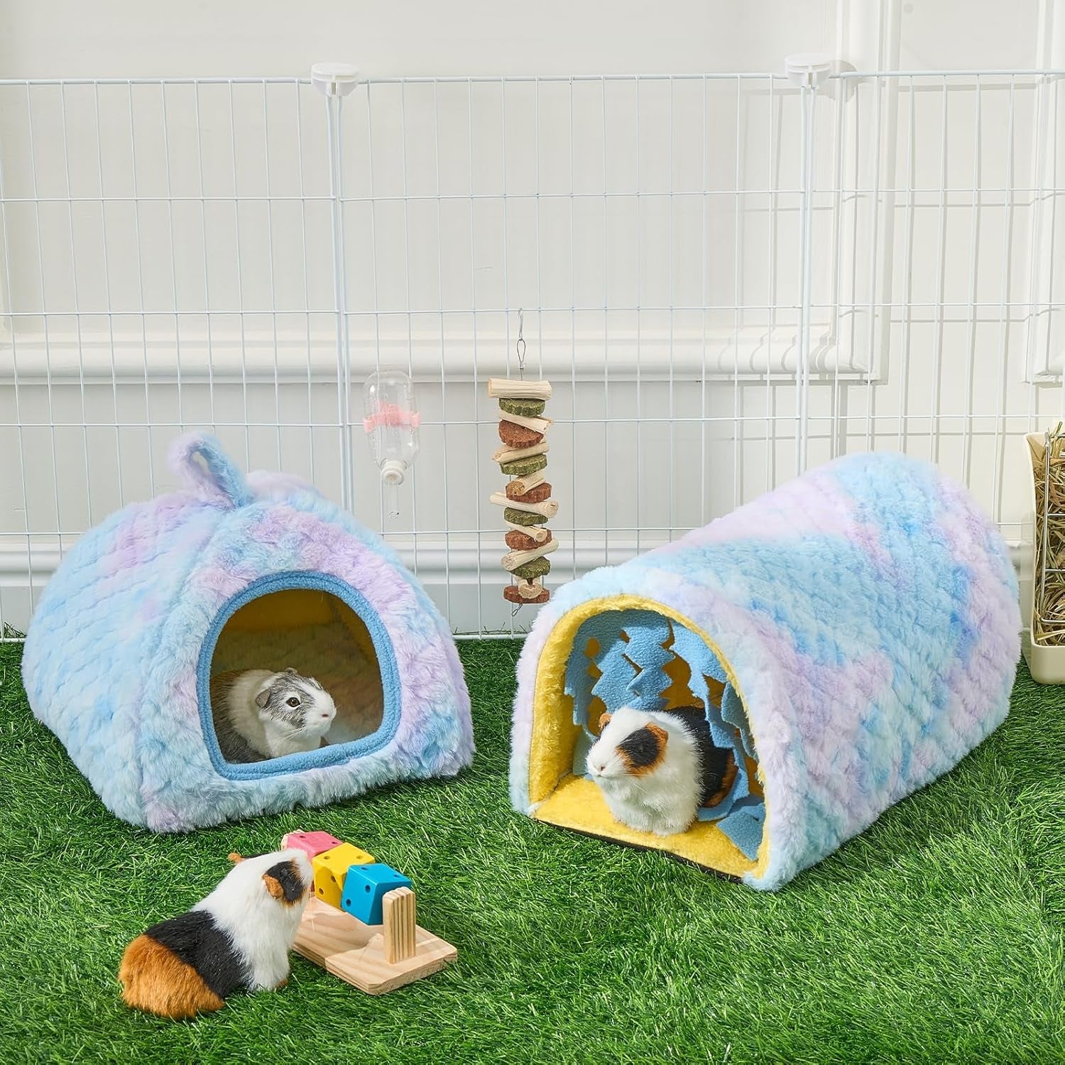 avont-2-pack-guinea-pig-tunnel-hideout-bed-set-washable-hideout-tunnel-set-breathable-fleece-dual-entrances-removable-pad-blue-or-yellow