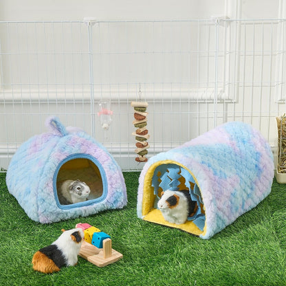 Avont 2-Pack Guinea Pig Tunnel & Hideout Bed Set | Washable Hideout & Tunnel Set, Breathable Fleece, Dual Entrances, Removable Pad, Blue or Yellow2