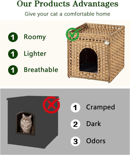 SETVSON Cat Litter Box Enclosure Furniture, Hidden Litter Box with Mat and Fence, Handwoven Rattan Cat House with Two S-Shaped Hooks for Living Room, Bedroom, 18.5 X 20.5 X 19.1 Inches (Natural)4