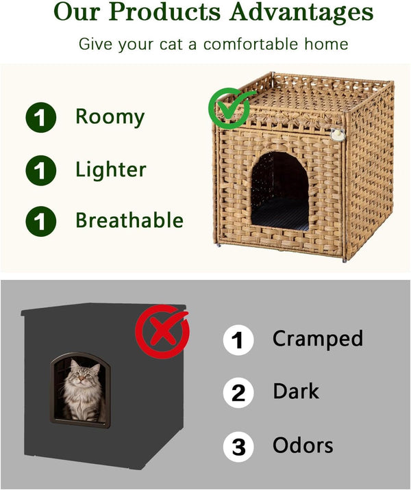 SETVSON Cat Litter Box Enclosure Furniture, Hidden Litter Box with Mat and Fence, Handwoven Rattan Cat House with Two S-Shaped Hooks for Living Room, Bedroom, 18.5 X 20.5 X 19.1 Inches (Natural)4
