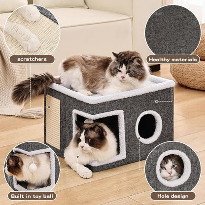 Large Cat Houses for Indoor Cats with Fluffy Ball and Scratch Pad | Foldable Cat Bed Cave for Multiple Pets, Kitten Bed for All Seasons, Non-Slip, Hold up to 30LBS, 16X16X13Inch, Grey2