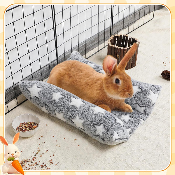 MEWTOGO 15.7" X 14" Bunny Bed for Rabbit Cage - Thickened Soft Prevent Sore Hocks Plush Mat with Cotton Lounger Pillows, Small Animal Flop Mat for Hutch Sleeping Indoor, Gray-Star4