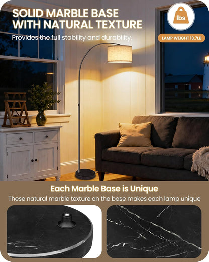 75" Arc Floor Lamp with Marble Base and Adjustable Height, Rotating Hanging Shade, Dimmable Floor Lamp for Living Room with Remote and Foot Switch, 3CCT, over Couch Arched Reading Light E15LD052