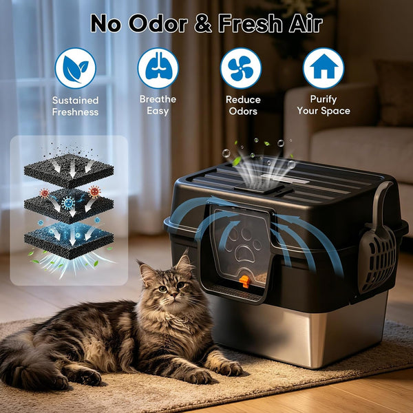Stainless Steel Enclosed Litter Box for Large Cats, XXL Covered Cat Litter Box with Lid, Leakproof High Sided Metal Cat Litter Box, Easy to Clean, Odor Resistant, Multi-Cat Home(Black)8