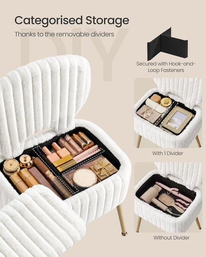 SONGMICS Vanity Chair, Makeup Stool with Folding Backrest | Plush Padded Dressing Table Stool, 17.1 X 13 X 32.1 Inch, for Bedroom, Dressing Room, Black, GLAMOR Collection ULOM532WD015