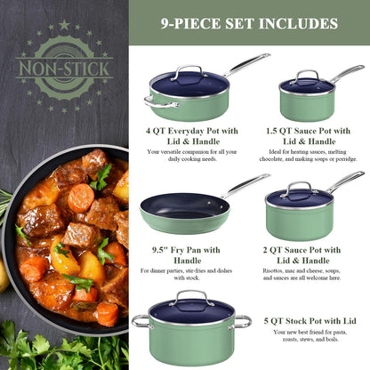9Pc Cookware Set Healthy Duralon Blue Ceramic Nonstick Coated | Diamond Infused Scratch-Resistant, PFAS Free, Oven Safe, Induction Ready, Evenly Heats, Tempered Glass Lids, Stay-Cool Handle2