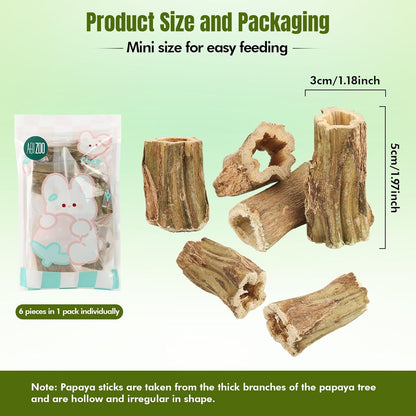 Abizoo Natural Bunny Chew Toys,6 Pcs Organic Papaya Wood Sticks Chew Toys for Rabbit,Hamster,Guinea Pig,Chinchilla,Gerbil,Rat Healthy Chews Teeth Grinding Treats, Squirrel Molar Snack6
