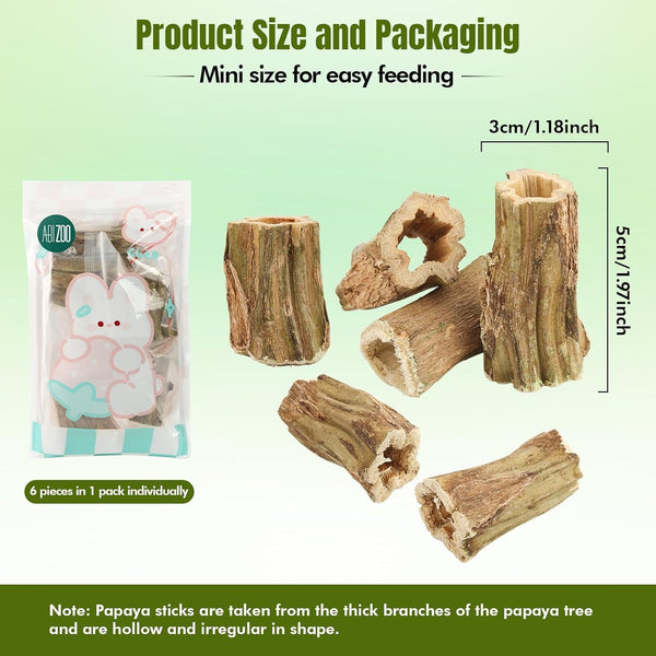 Abizoo Natural Bunny Chew Toys,6 Pcs Organic Papaya Wood Sticks Chew Toys for Rabbit,Hamster,Guinea Pig,Chinchilla,Gerbil,Rat Healthy Chews Teeth Grinding Treats, Squirrel Molar Snack6
