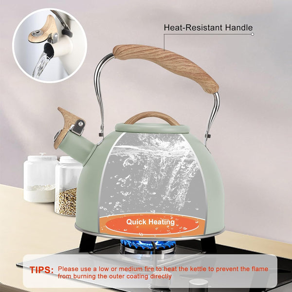 Tea Kettle,  100 OZ / 3 Liter Whistling Tea Kettle, Tea Pots for Stove Top Food Grade Stainless Steel with Wood Pattern Folding Handle, Loud Whistle Kettle for Tea, Coffee, Milk (Green)4