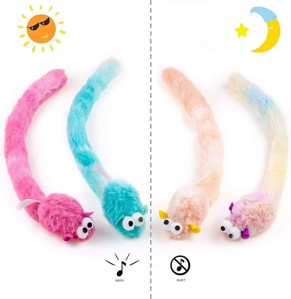CHIWAVA 4 Packs 15 Inch Long Soft Plush Cat Toys Mice with Bell Rustle Sound Small Mouse Activity Interactive Toy3