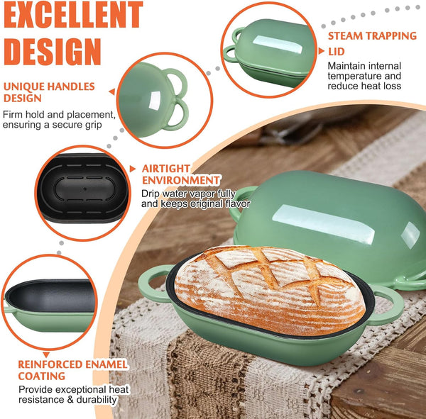 5 QT Enameled Cast Iron Sourdough Bread Oven, Loaf Pan with Lid | Oval Dutch Oven for Homemade Sourdough Bread Baking, Oven Safe up to 500°F, Meatloaf Pan with Dome Lid, Fig Green4