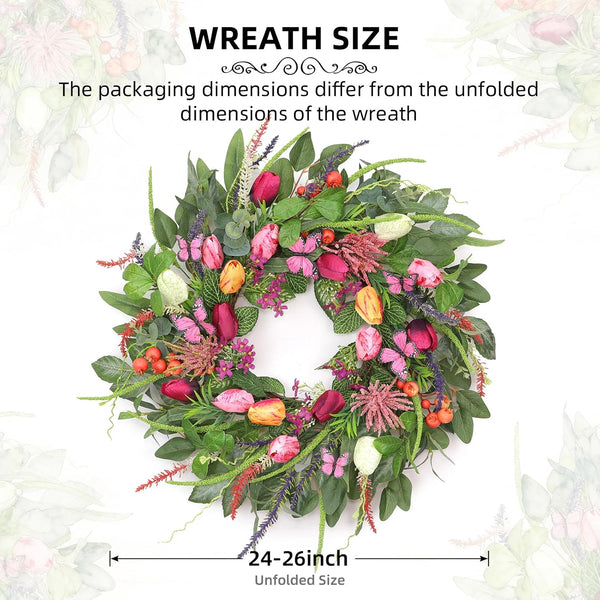 Wreaths for Front Door 24 Inch Artificial Spring Wreath with Tulip,Roses,Eucalyptus Leaf, Berry, Butterflies,Summer Wreath for Home Wall Porch Window Easter Year-Round Indoor/Outdoor Decor4