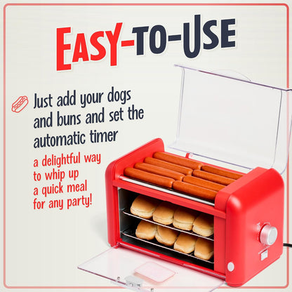 Oscar Mayer Extra Large 8 Hot Dog Roller & Bun Toaster Oven- Stainless Steel Grill Rollers for Cooking Veggie Sausages & Brats- Multi-Use Warming Oven with Adjustable Timer for Parties - Red3
