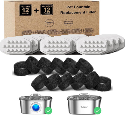 Rellaty Official Cat Fountain Filters (12 Filters +12 Sponges)1