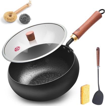 Carbon Steel Wok Pan Flat Bottom Iron Stir Fry Pan Induction Cookware 9.5 Inch Uncoated Small Traditional Skillet with Lid1