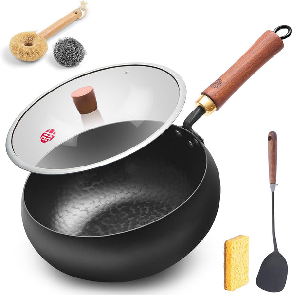 Carbon Steel Wok Pan Flat Bottom Iron Stir Fry Pan Induction Cookware 9.5 Inch Uncoated Small Traditional Skillet with Lid1