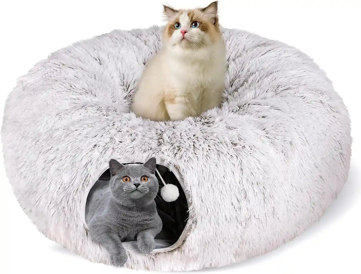 baseola-fuzzy-cat-tunnel-bed-for-indoor-cats-2-in-1-interactive-cat-toys-peekaboo-cat-cave-with-washable-mat-collapsible-cat-play-tunnel-for-kittens-small-pets-plush-cat-donut-bed-tunnel-grey