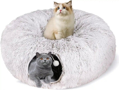 Baseola Fuzzy Cat Tunnel Bed for Indoor Cats, 2-In-1 Interactive Cat Toys | Peekaboo Cat Cave with Washable Mat, Collapsible Cat Play Tunnel for Kittens & Small Pets, Plush Cat Donut Bed Tunnel, Grey13