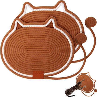 2 PC Cat Scratcher Mat - Natural Cotton Rope Oval Horizontal Scratch Pad (11''X13.7'') with Dangling Ball Toy, Cat Ear Design, Furniture Protector for Floor/Wall, Durable Handmade (Balck, 2 PC)11