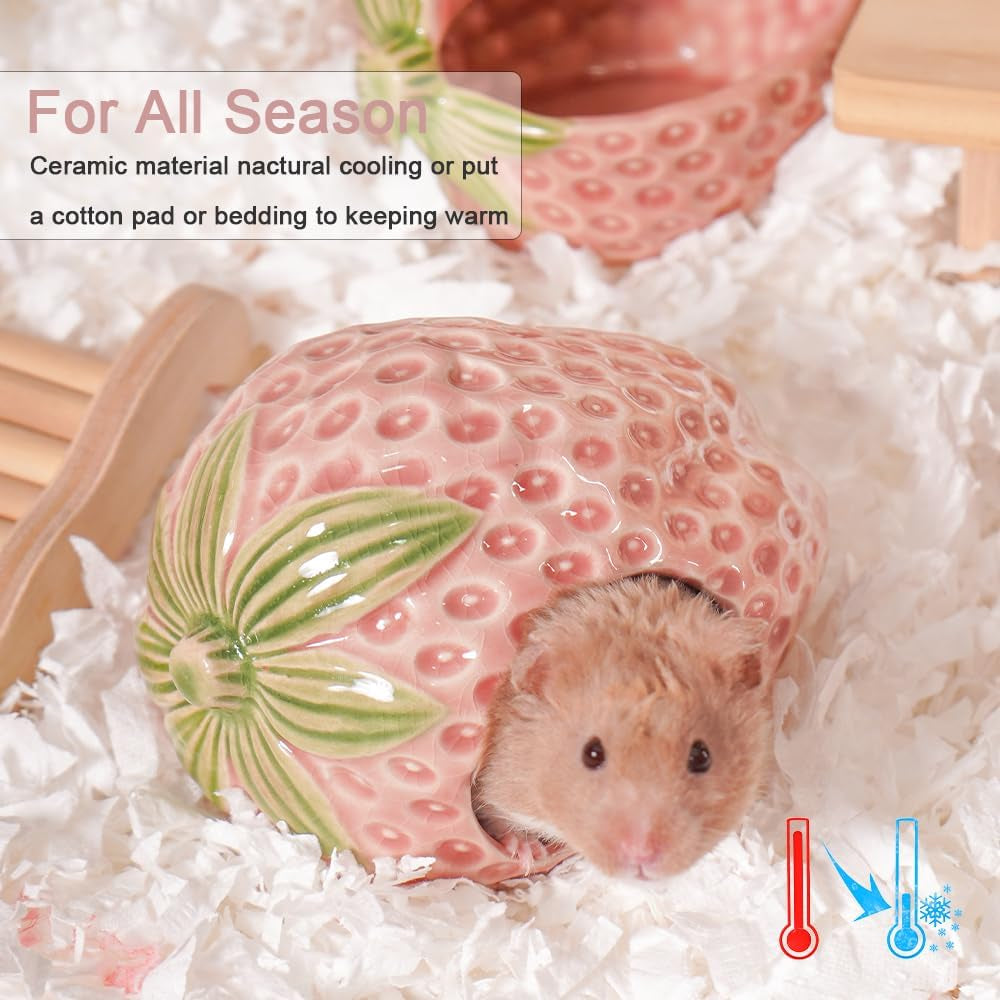 ceramic-hamster-hideout-strawberry-chew-proof-syrian-hide-cool-bed-easy-to-clean-durable-ceramic-guinea-pig-house-good-hiding-hut-cave-for-gerbil-mice-rat-all-season-cute-pink-habitat-decor