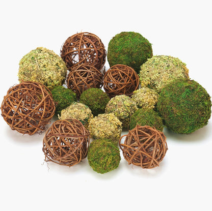 Decorative Balls for Centerpiece Bowls, 18Pcs Fake Moss Balls + Wicker Rattan Balls Set Vase Bowl Filler for Home Garden Wedding Party Decor (Fresh Green + Rustic Brown)2
