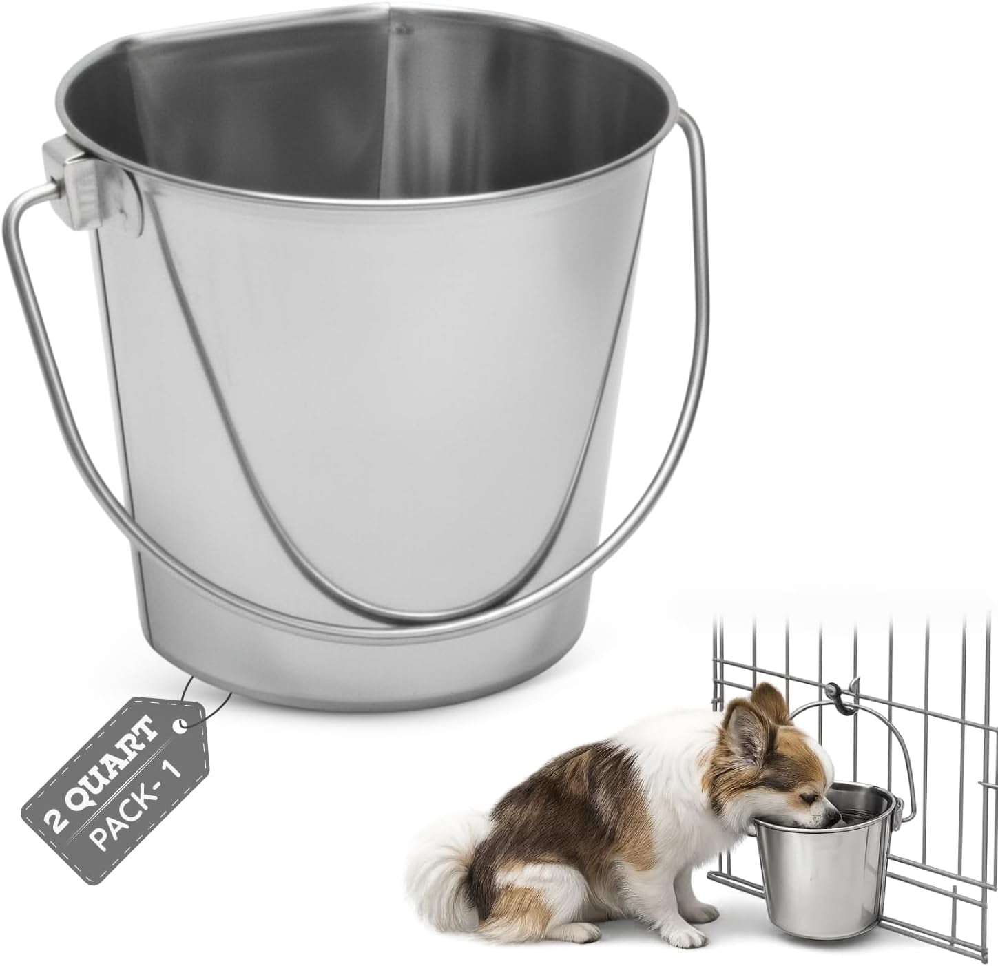 stainless-steel-flat-side-bucket-1-quart-0-25-gallon-heavy-duty-hanging-food-water-pail-for-dogs-cats-birds-kennel-cages-crates-durable-rustproof-multi-purpose-feeding-buckets