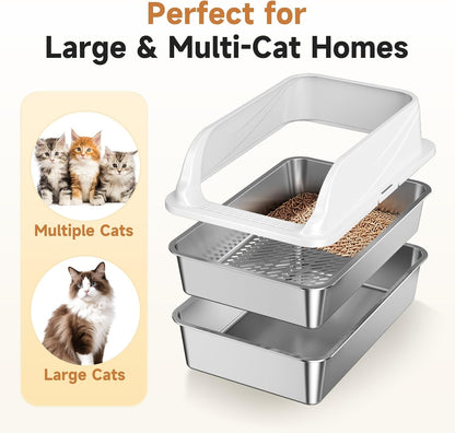 Stainless Steel Sifting Litter Box for Pine Pellets, XL Odor Free | Stainless Steel Litter Box with Lid,Large Capacity，Anti-Leakage, Easy Cleaning, Less Tracking, for Multi-Cat & Big Cats6