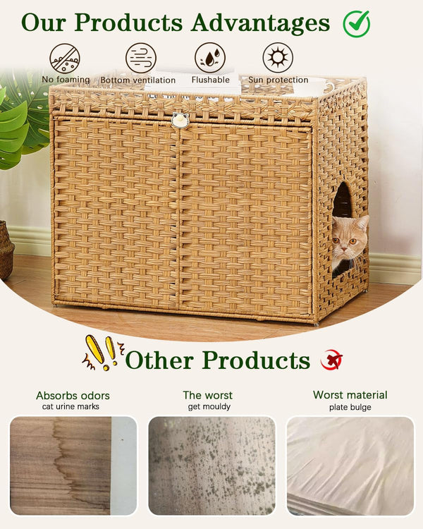 SETVSON Cat Litter Box Enclosure Furniture, Handwoven Rattan Hidden Litter Box with Mat, Large Space Cat House with 2 S-Shaped Hooks 30.3 X 18.3 X 24.4 Inches, Indoor for Living Room Apartment Natural3
