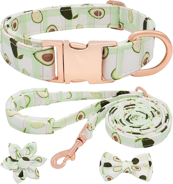 Dog Collar and Leash Set Girls Adjustable Puppy Collars with Floral Bow Tie for Small Medium Large Female Dogs, Orange Flower, S18