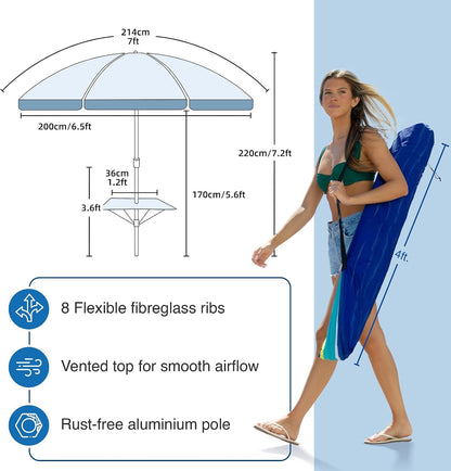 7Ft Heavy Duty High Wind Beach Umbrella with Sand Anchor, Built-In Table Tray Vent Tilt Pole, UPF 50+ Windproof Portable Outdoor Umbrellas Carry Bag for Patio Garden Pool Backyard Stripe6