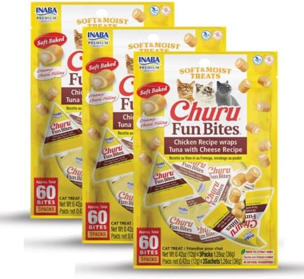 INABA Churu Fun Bites for Cats, Soft & Chewy Baked Chicken Wrapped Filled Cat Treats with Taurine, 0.42 Ounces Each Tetra, 12 Tetras, 4 Flavor Variety Pack10