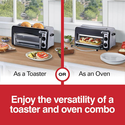2-In-1 Countertop Toaster Oven & Long Slot 2 Slice Toaster | Versatile Toasting & Baking | Auto Shut off | Shade Selector & Temperature Control |Compact Retro Design | Black | 227252
