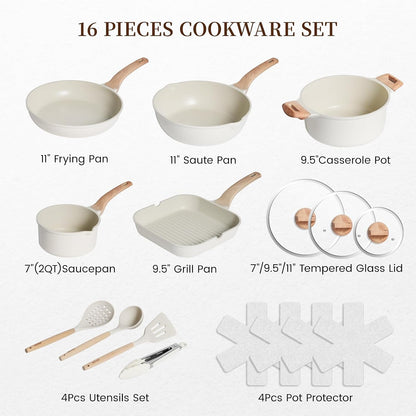 16Pcs Ceramic Pots and Pans Set Non Stick, Includes a 9.5" Grill Pan, Induction Kitchen Cookware Sets, White Nonstick RV Kitchen Camping Cooking Sets Stackable (PTFE, PFOS, PFOA Free)3