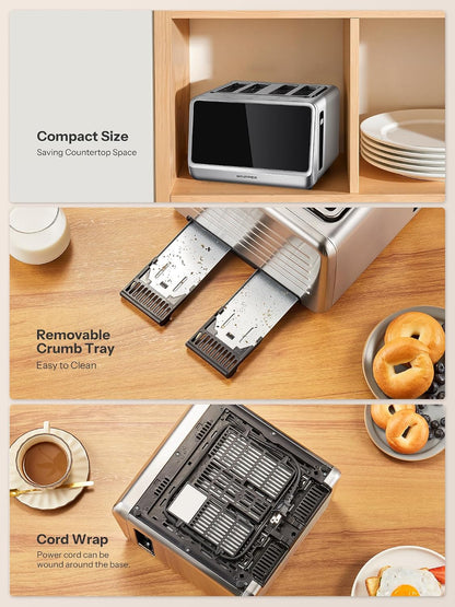 4 Slice Touchscreen Toaster, Digital Display | Stainless Steel, Extra Wide Slots, 6 Shade Settings, Defrost Reheat Cancel Functions, Removable Crumb Tray, Bagel & Bread6