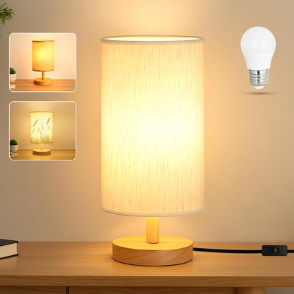 Desk Lamp LED Bulb Included, Small Bedside Table Lamp Plug-In - Classic Wood Base with Flaxen Fabric Shade, Lamps for Night Stands, Simple Nightstand Light for Bedroom, Office, Desk1