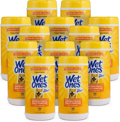 Wet Ones for Pets Antibacterial Dog Wipes, Tropical Splash, 50 Count | Multi-Purpose Grooming Wipes with Aloe Vera for Paws, Face, and Body; Easy Cleanups between Baths11