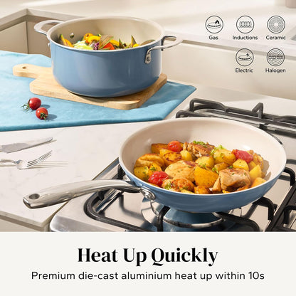 Ceramic Nonstick Cookware Set,14Pcs Pots and Pans Set Non Stick,Induction Cookware with Stainless Steel Handle,Non Toxic Kitchen Cooking Set,Dishwasher & Oven Safe,Pfas PFOA & PTFE Free（Blue）5