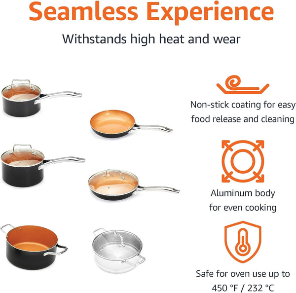 Ceramic Nonstick Cookware Set, Induction Ready, Dishwasher & Oven Safe, Even Heating, 10-Piece Set with Frying Pans, Saucepans, Glass Lids, Copper Color2