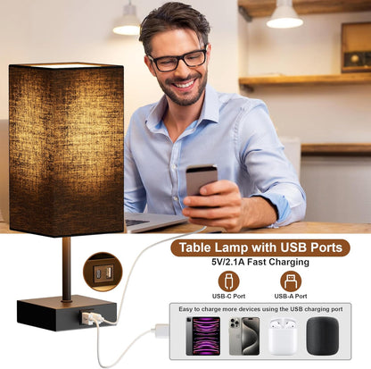 Bedside Table Lamp for Bedroom with 2 USB Ports, 14-Inch, Black | USB A+C Ports, Touch 3-Way Dimmable LED Bulb Included Fabric Lampshade Metal Base Small Nightstand Lamp for Desk Living Room4