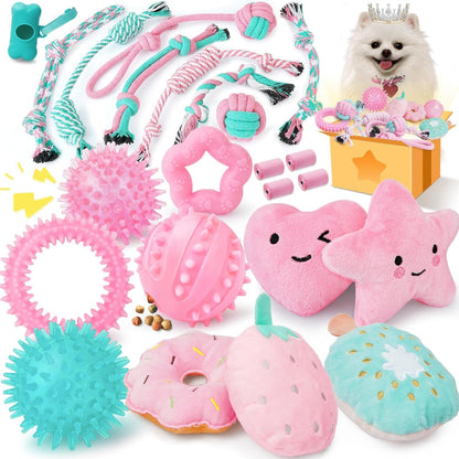 XIUGOAL Pink Puppy Toys for Boredom - 23 Pack Puppy Chew Toys for Teething, Interactive Dog Toys for Puppies, Cute Small Dog Toys with Treat Ball, Squeaky Dog Chew Toys and Ropes1