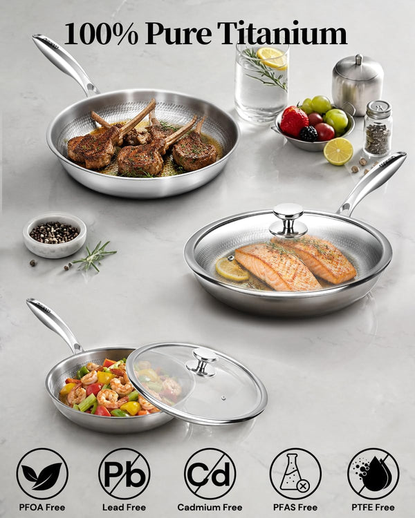 Pure Titanium Pans for Cooking, 8" Frying Pan with Lid,Nonstick | Hammered Pro Skillet,No Coating Cookware PFAS/PFOA/PTFE Free, Oven & Dishwasher Safe, Gas & Induction Compatible,Kitchen2