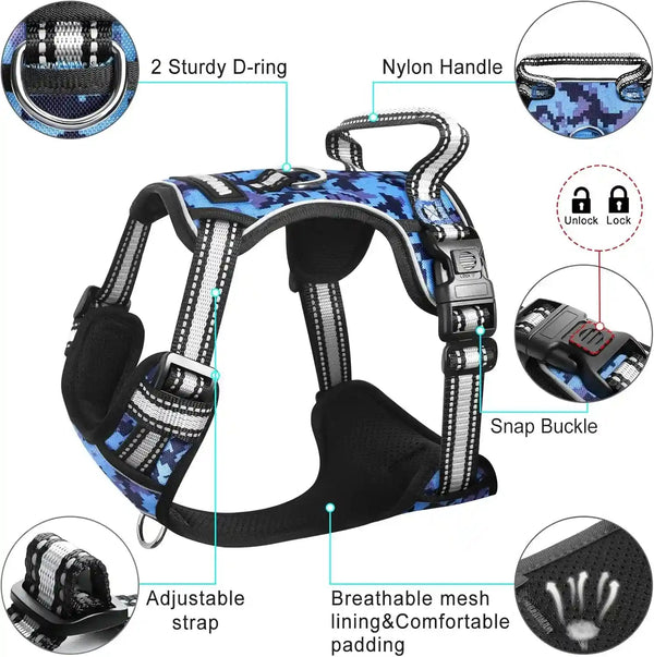 Dog Harness No Pull, Pet Harnesses with Dog Collar, Adjustable Reflective Oxford Outdoor Vest, Front/Back Leash Clips for Small, Medium, Large, Extra Large Dogs, Easy Control Handle for Walking5