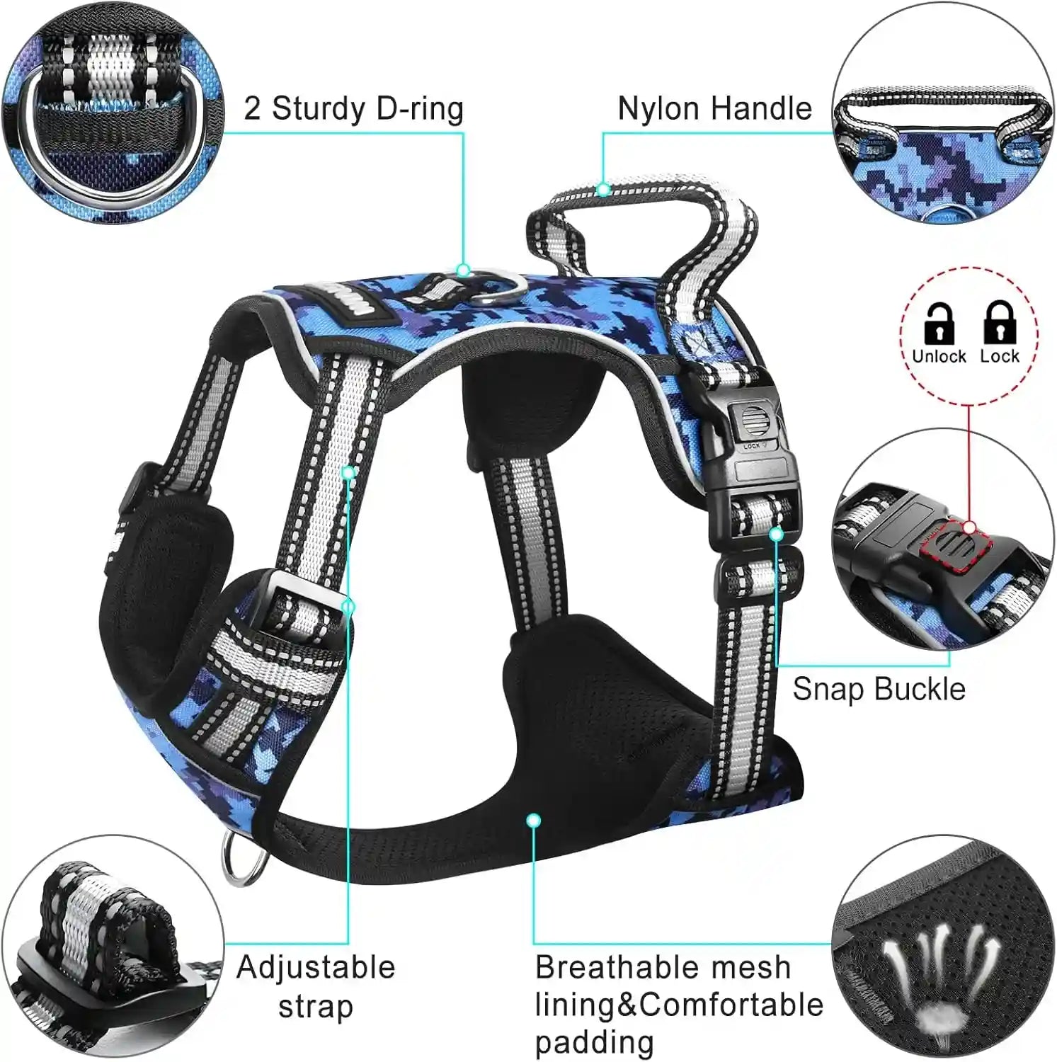 dog-harness-no-pull-pet-harnesses-with-dog-collar-adjustable-reflective-oxford-outdoor-vest-front-back-leash-clips-for-small-medium-large-extra-large-dogs-easy-control-handle-for-walking